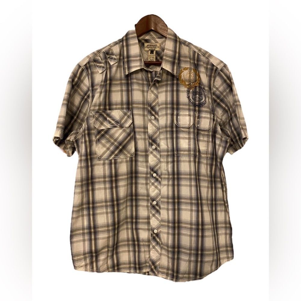 AMERICAN RAG Mens XL Plaid Snap Button Collard Embroidered Shirt